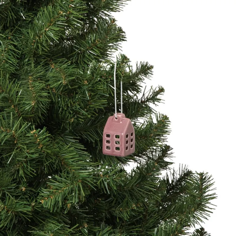 Xenos Kersthangers|Kerstballen-Kersthanger huisje keramiek - donkerpaars - 5.5x3.5x3.5 cm