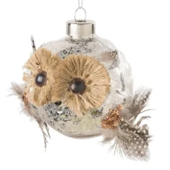 Xenos Kersthangers|Kerstballen-Kersthanger uil met veren - glas - 8.5x8.2x7.6 cm
