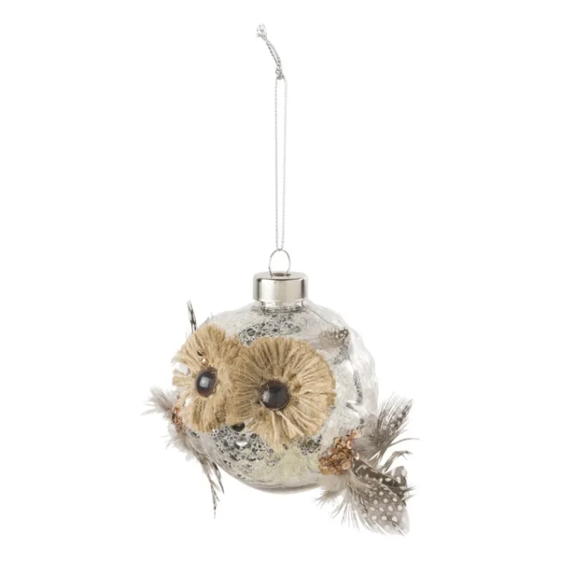 Xenos Kersthangers|Kerstballen-Kersthanger uil met veren - glas - 8.5x8.2x7.6 cm