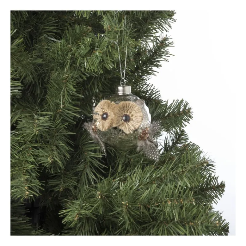 Xenos Kersthangers|Kerstballen-Kersthanger uil met veren - glas - 8.5x8.2x7.6 cm