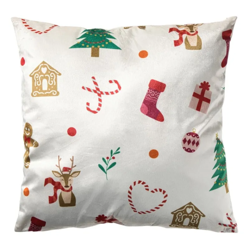 Xenos Kussens-Kerstkussen skiën - beige/multikleur - 45x45 cm