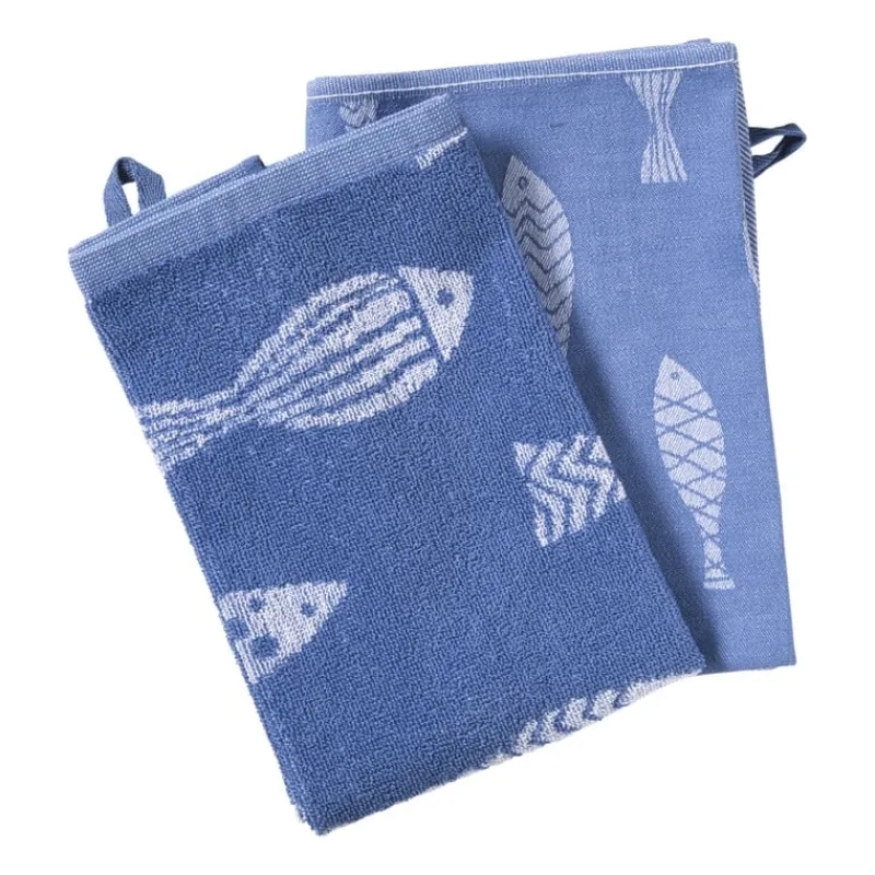 Xenos Thee- En Keukendoeken-Keukendoek vissen - blauw/wit - 50x50 cm