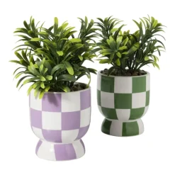 Xenos Kunstplanten-Kunstplantje geblokt - groen - ø8x17 cm
