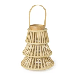 Xenos Kerstverlichting-Lantaarn kerstboom - bamboe - ø25x31 cm