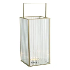 Xenos Lantaarns-Lantaarn rib vierkant - goud/transparant - 25.5x13x13 cm