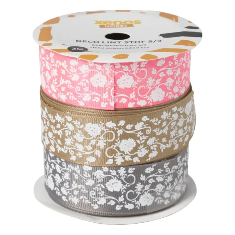 Xenos Knutselspullen-Lint stof bloemen - set van 3 - 100 cm