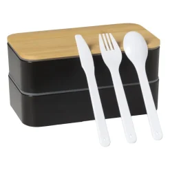 Xenos Broodtrommels-Lunchbox dubbel - zwart - 9.5x18.5x10.5 cm