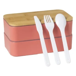 Xenos Broodtrommels-Lunchbox dubbel met bestek - oranje - 700 ml