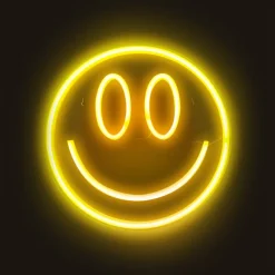 Xenos Kerstcadeaus|Led Lampen-Neon LED lamp smiley - geel - ø33x2 cm