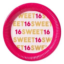 Xenos Wegwerpservies|Verjaardagen-Papieren bordjes 16 jaar - roze - set van 8