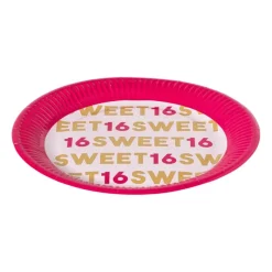 Xenos Wegwerpservies|Verjaardagen-Papieren bordjes 16 jaar - roze - set van 8
