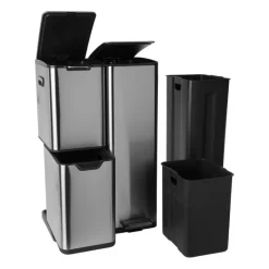 Xenos Pedaalemmers|Prullenbakken-Pedaalemmer 3 vakken - zilver - 60 liter
