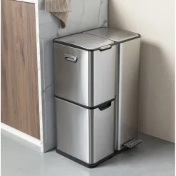 Xenos Pedaalemmers|Prullenbakken-Pedaalemmer 3 vakken - zilver - 60 liter