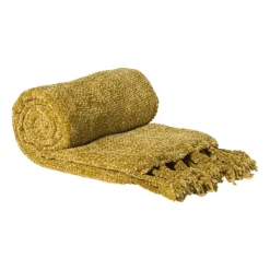 Xenos Plaids-Plaid chenille met kwastjes Mieke - geel - 170x130 cm