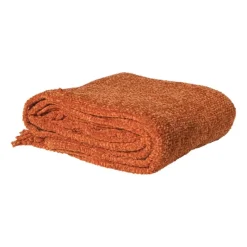 Xenos Plaids-Plaid chenille met kwastjes Marianne - oranje - 170x130 cm