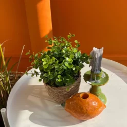 Xenos Kunstplanten-Plantje in rieten mand - rond blad - ø10x19 cm