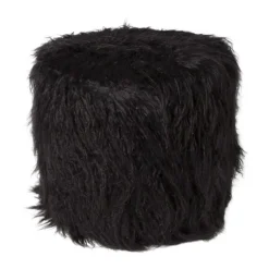 Xenos Poefjes-Poef fluffy - zwart - 38x42x42 cm