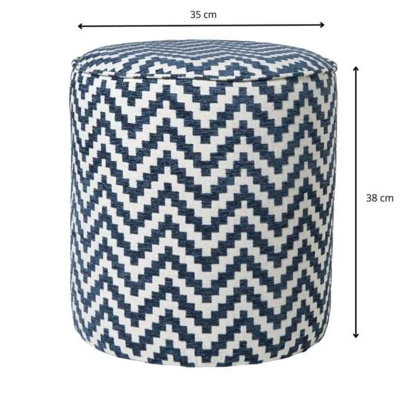 Xenos Poefjes-Poef zigzag - blauw/wit - ø35x38 cm