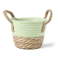 Xenos Kerstcadeaus|Manden-Rieten mand met hengsel - groen - ø15x16.5 cm