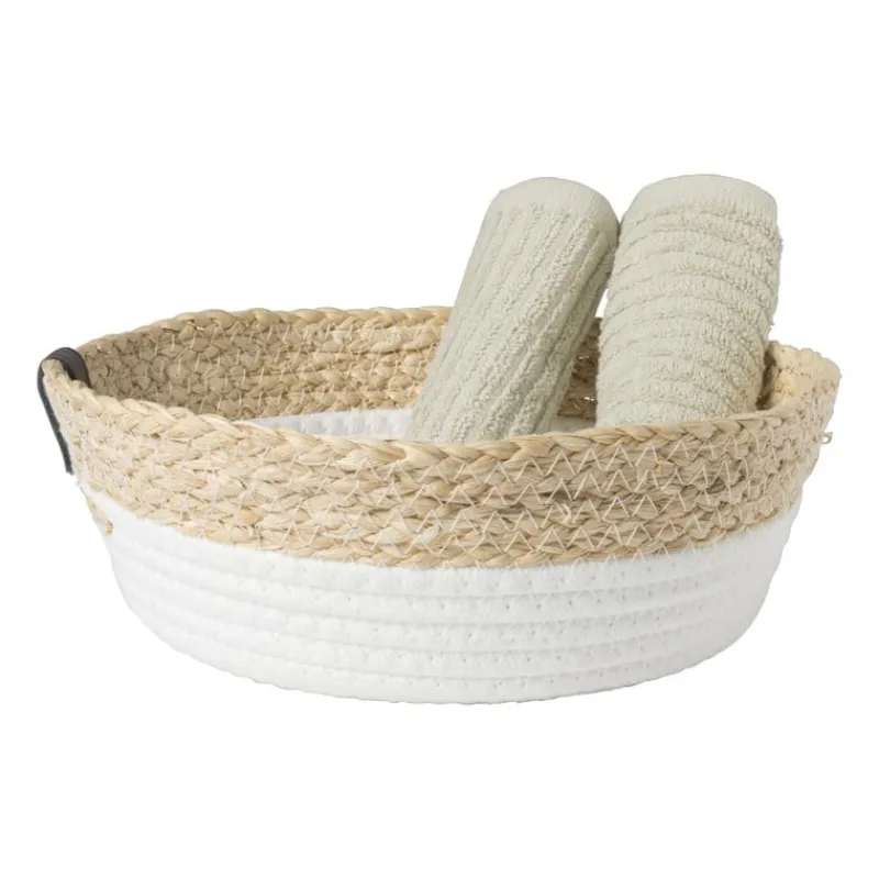 Xenos Manden|Manden-Rond mandje - ø26x9 cm - naturel/wit