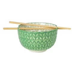 Xenos Sushi Servies|Schalen-Schaaltje met eetstokjes - groen/wit - ø14.7x9 cm