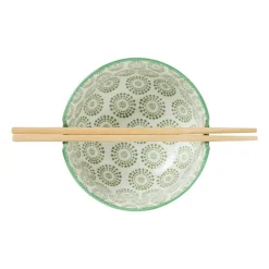 Xenos Sushi Servies|Schalen-Schaaltje met eetstokjes - groen/wit - ø14.7x9 cm