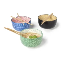 Xenos Sushi Servies|Schalen-Schaaltje met eetstokjes - groen/wit - ø14.7x9 cm