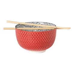 Xenos Sushi|Schalen-Schaaltje met eetstokjes Amira - rood/zwart - ø15x9 cm