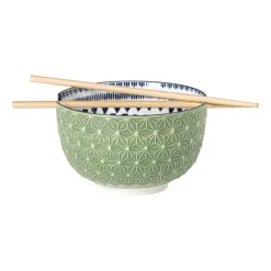 Xenos Sushi|Schalen-Schaaltje met eetstokjes Axel - groen/blauw - Ćø15x9 cm