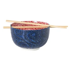Xenos Sushi|Schalen-Schaaltje met eetstokjes Amber - blauw/rood - Ćø15x9 cm