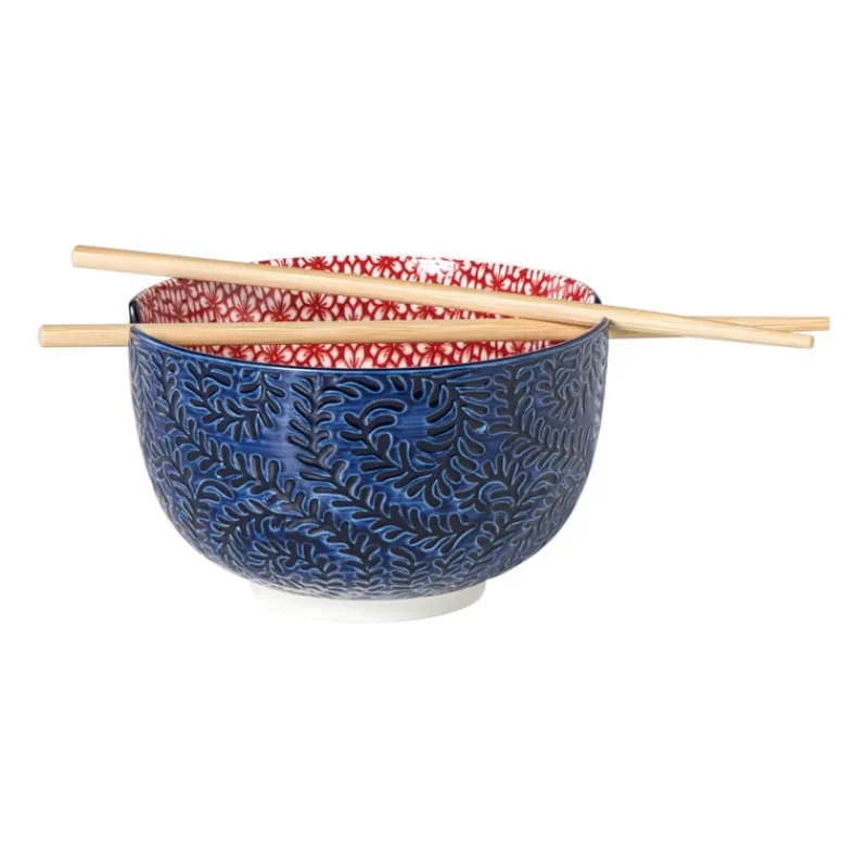 Xenos Sushi|Schalen-Schaaltje met eetstokjes Amber - blauw/rood - ø15x9 cm