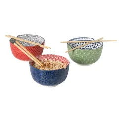 Xenos Sushi|Schalen-Schaaltje met eetstokjes Amber - blauw/rood - ø15x9 cm