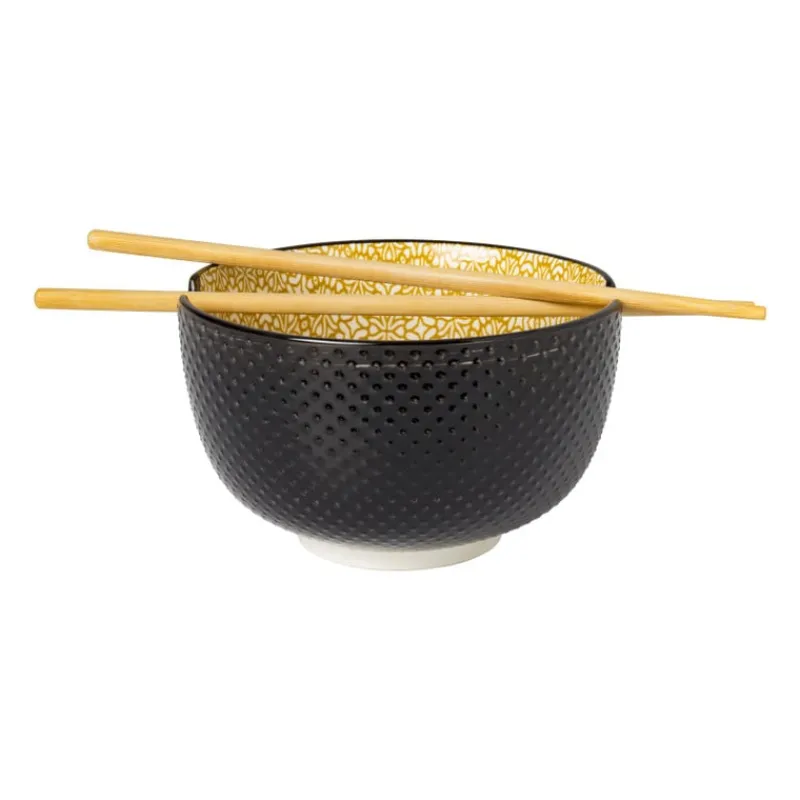 Xenos Sushi Servies|Schalen-Schaaltje met eetstokjes - geel/zwart - ø14.7x9 cm