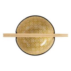 Xenos Sushi Servies|Schalen-Schaaltje met eetstokjes - geel/zwart - ø14.7x9 cm