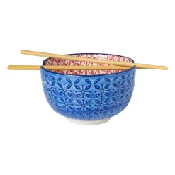 Xenos Sushi Servies|Schalen-Schaaltje met eetstokjes - blauw/rood - ø14.7x9 cm