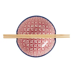 Xenos Sushi Servies|Schalen-Schaaltje met eetstokjes - blauw/rood - ø14.7x9 cm
