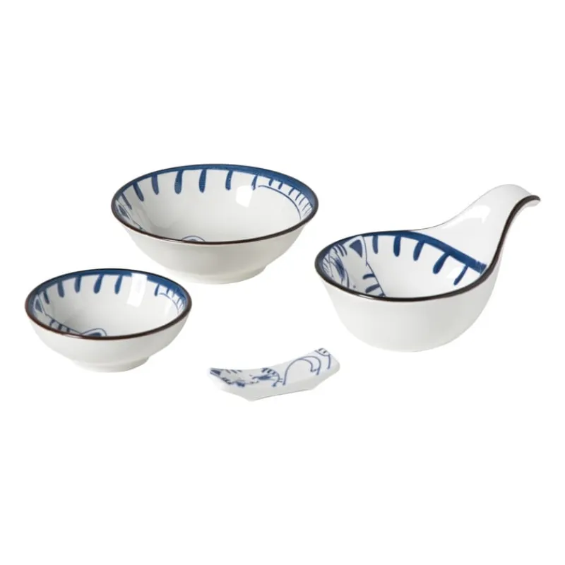 Xenos Sushi Servies|Schalen-Schaaltje Mico kat klein - blauw/wit - ø8x3 cm