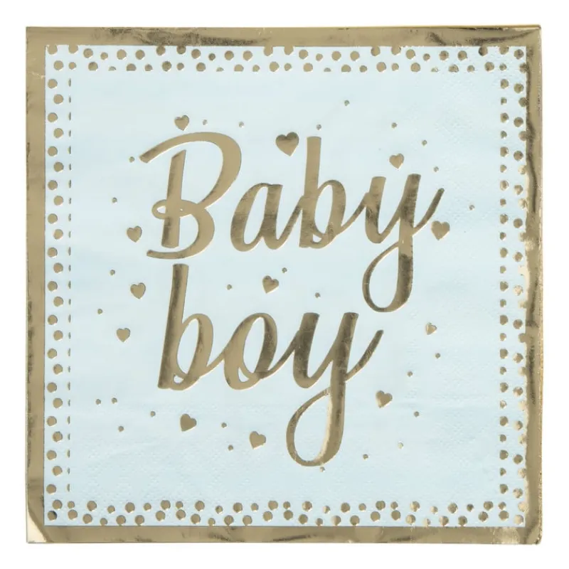 Xenos Papieren Servetten|Babyshower-Servetten baby boy - blauw/goudkleurig - set van 8