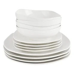 Xenos Serviessets|Kerstservies-Serviesset vierkant - wit - 12-delig