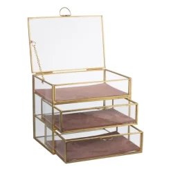 Xenos Sieraden Opbergen-Sieradendoos met 3 lades - goud/roze - 18x12x15 cm