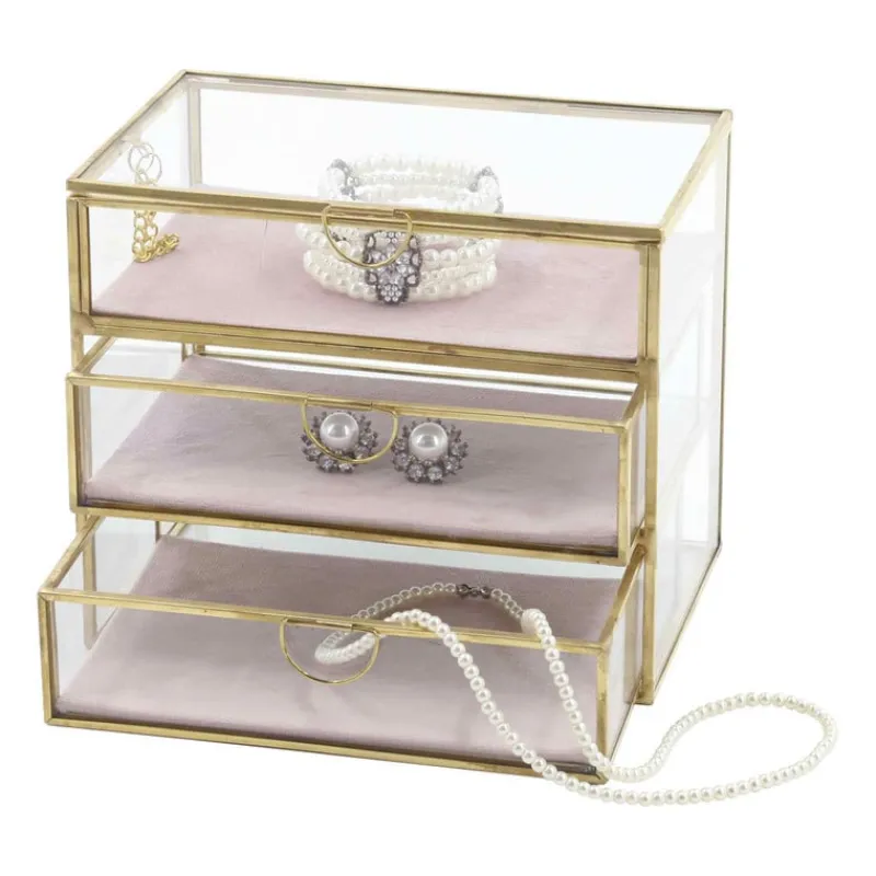 Xenos Sieraden Opbergen-Sieradendoos met 3 lades - goud/roze - 18x12x15 cm