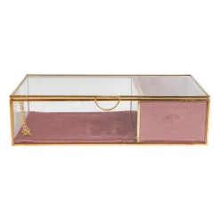 Xenos Sieraden Opbergen-Sieradendoos met ringhouder - roze/goud - 25x15x6.5 cm