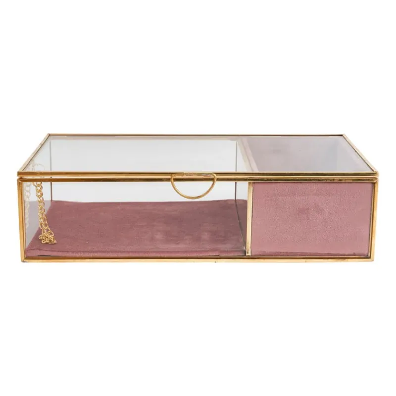 Xenos Sieraden Opbergen-Sieradendoos met ringhouder - roze/goud - 25x15x6.5 cm