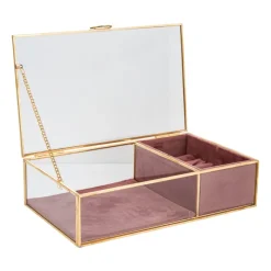 Xenos Sieraden Opbergen-Sieradendoos met ringhouder - roze/goud - 25x15x6.5 cm