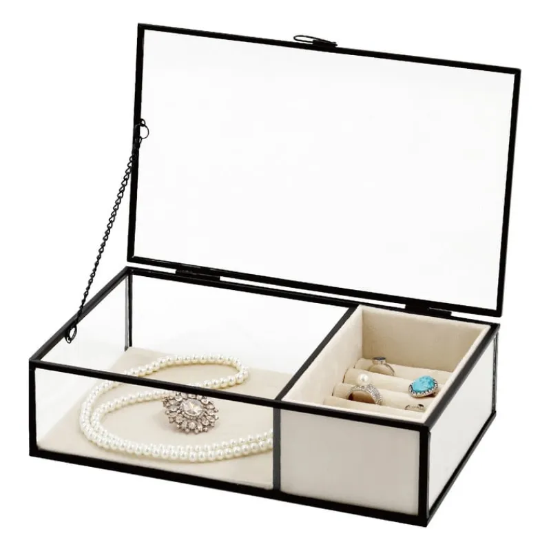 Xenos Sieraden Opbergen-Sieradendoos met ringhouder - zwart - 25x15x6.5 cm
