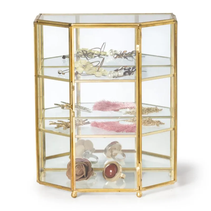 Xenos Sieraden Opbergen-Sieradenkastje goud - glas - 18.5x12x23 cm