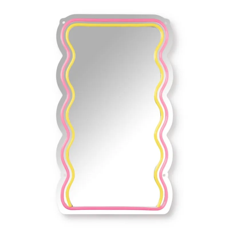 Xenos Wandspiegels-Spiegel met golven LED - geel/roze - 40x23x1.4 cm
