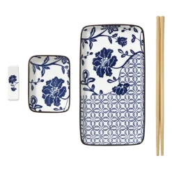 Xenos Sushi Servies|Kerstcadeaus-Sushi set - blauw/wit - 4-delig