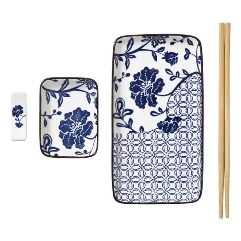 Xenos Sushi Servies|Kerstcadeaus-Sushi set - blauw/wit - 4-delig