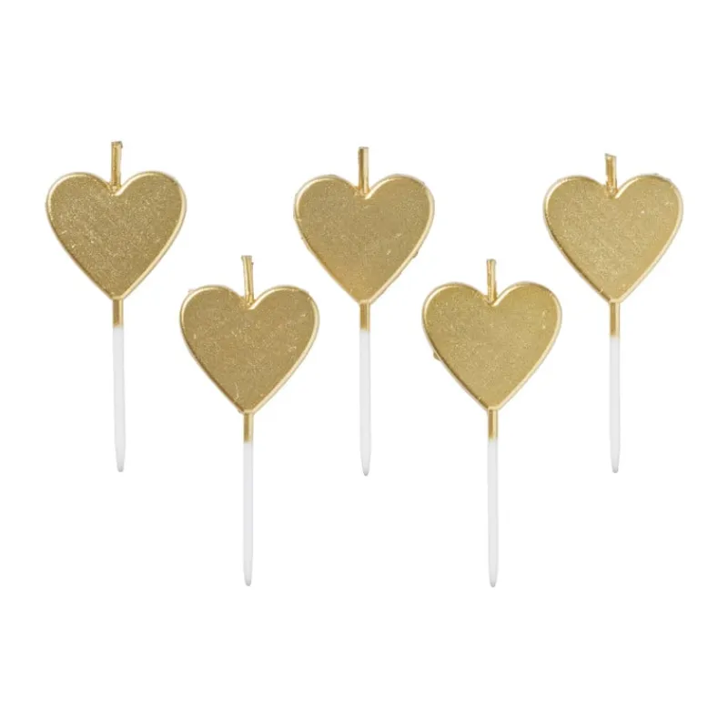 Xenos Taartkaarsjes|Bruiloft-Taartkaarsjes hartjes - goud - set van 5